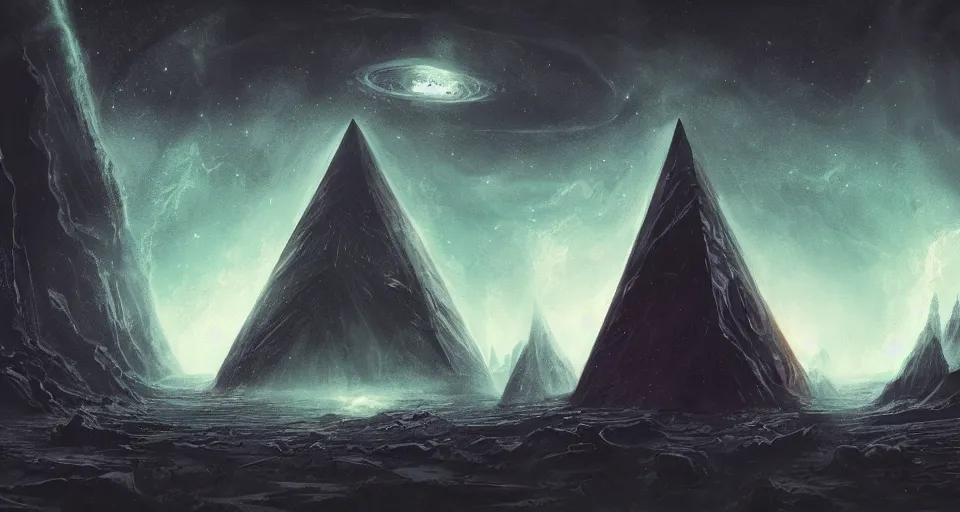 Image similar to black lovecraftian eldritch!! large obsidian pyramid!! surrounded by black flat ground, cosmic sinister space!, bright stars, nebula, sky background by eugene von guerard, ivan shishkin, night, concept art, trending on artstation, 8 k