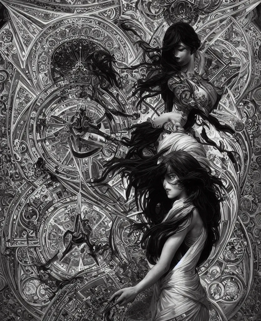 Image similar to black and white photography of geometrical alchemical glyphs, deep focus, intricate, elegant, highly detailed, artstation, concept art, matte, sharp focus, 4 k, depth of field, art by artgerm and greg rutkowski and alphonse mucha