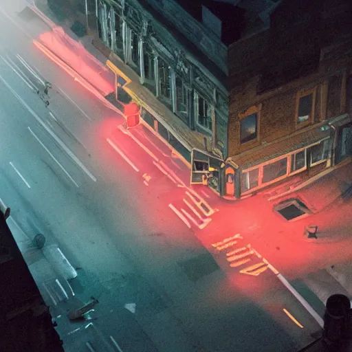 Image similar to A stunningly beautiful award-winning 8K high angle cinematic movie photograph of a dark foggy main intersection in an abandoned 1950s small town at night, by Edward Hopper and David Fincher and Darius Khonji, cinematic lighting, perfect composition, moody low key volumetric light. Color palette from Seven, greens yellows and reds. 2 point perspective