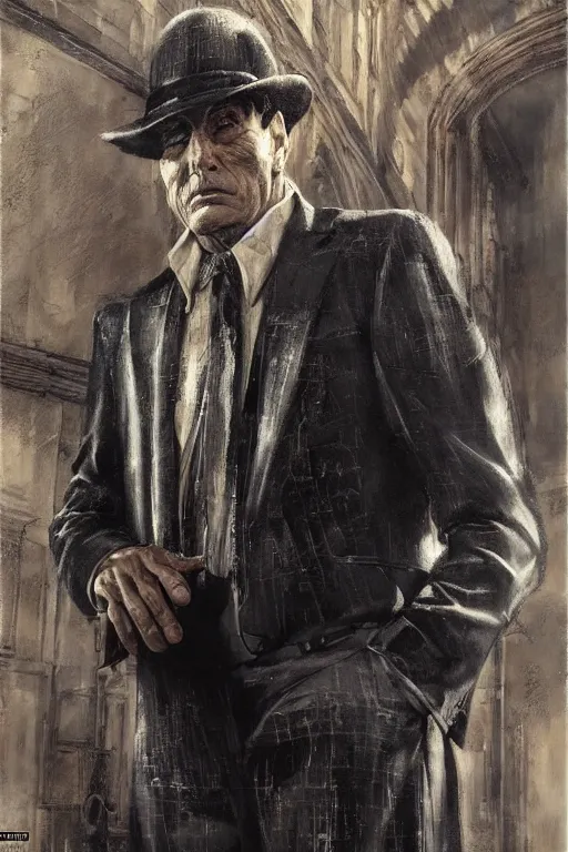 Prompt: an older man in a suit as a Mafia: Definitive Edition character, upper body, highly detailed, intricate, sharp details, dystopian mood, 1950 character portrait by gaston bussiere, craig mullins, drawn by Giacomo Burattini, inspired by graphic novel cover art