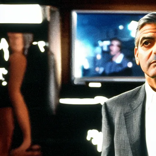 Image similar to George Clooney showing white blueprint on a tv screen, movie Ocean Eleven scene, cinematic, highly detailed