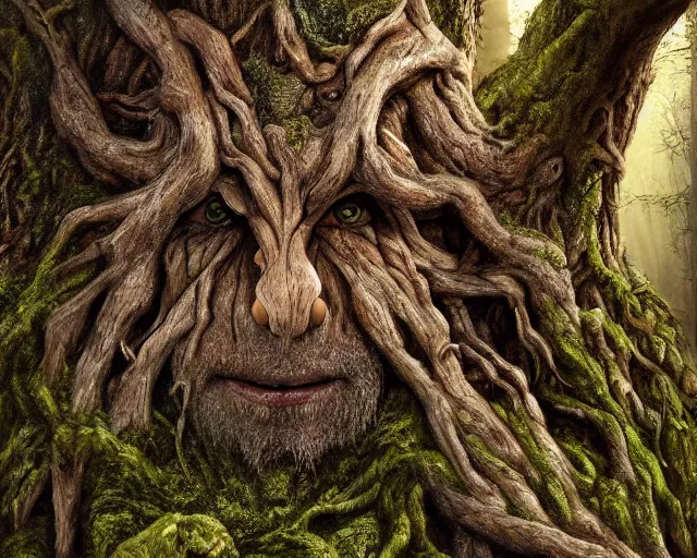 Prompt: a talking oak tree, a face in the bark, nose made of wood, eyes in the bark, mouth in the bark, fantasy concept art, leaves and moss, digital painting, oil painting, hyperrealistic, treebeard, ent, highly detailed, golden sunlight, very detailed eyes, artstation, cgsociety, in the forest, by alan lee, by artgerm