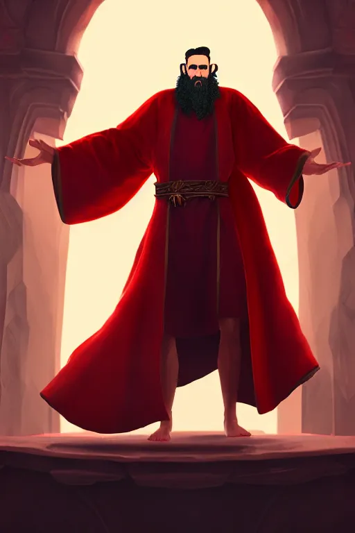 Prompt: evil male sorcerer, library background, the room filled with colorful magic, red robe, epic, white skin, young, sharp, brown hair, beard, concept art, digital art, dynamic lighting, unreal engine, octane, svetlin velinov styled