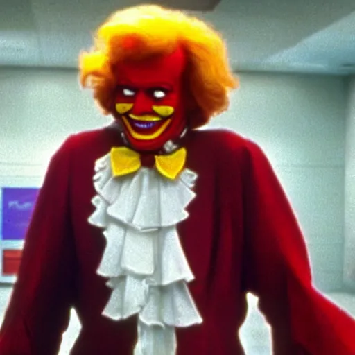 Prompt: A still of Ronald McDonald as a supervillain in a 1980s movie