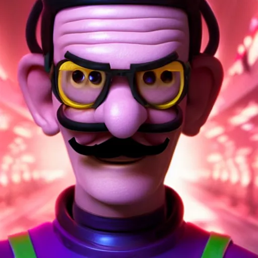 Image similar to dramatic cyberpunk waluigi portrait film still from the movie directed by Denis Villeneuve 8k high def realistic photo