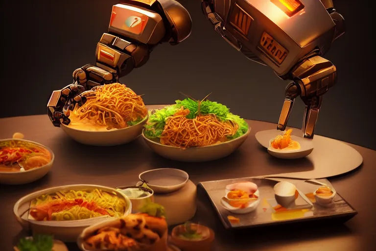 Image similar to a robot is eating an Asian food, 4k, ultra details, cinematic, epic style, beautiful photo, hyper realistic, octane render, unreal engine, award winning, on artstation, volumetric lightning, masterpiece, golden hour,