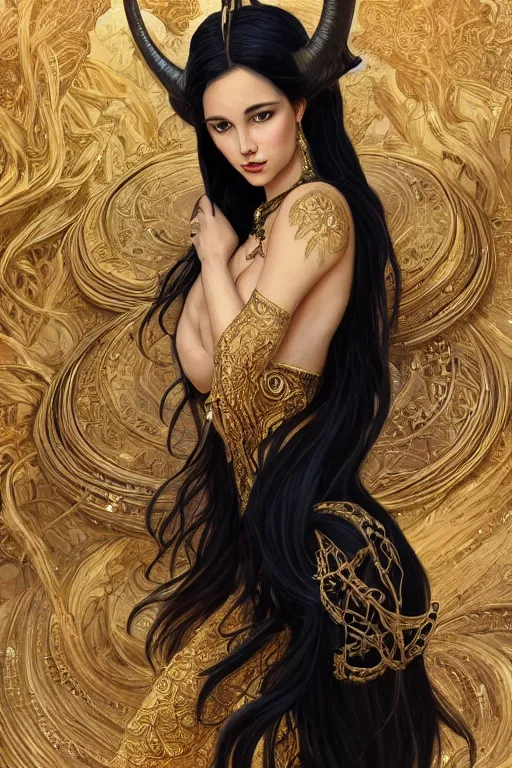 Prompt: fullbody!! of a beautiful woman with long black hair, big natural horns on her head, long flowing intricate dress, gold jewellery, dnd, face, fantasy, intricate, elegant, highly detailed, digital painting, artstation, concept art, smooth, sharp focus, illustration, art by artgerm and greg rutkowski and alphonse mucha