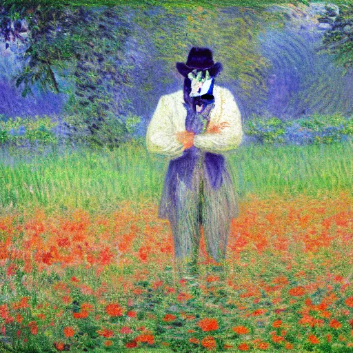 Prompt: Monet painting of Joker in a field of flowers,