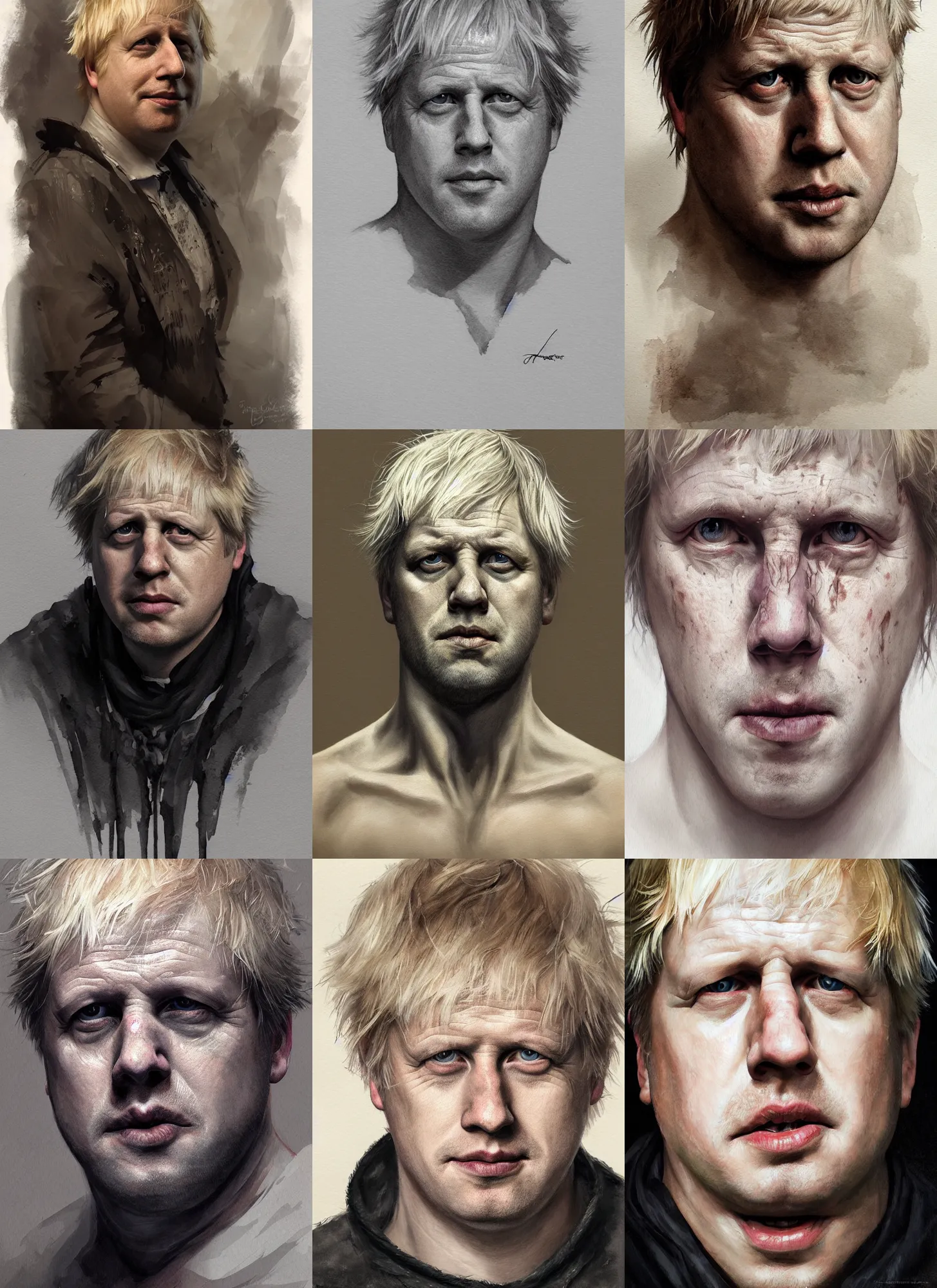 Prompt: portrait painting of boris johnson, intricate skin pattern texture, savage, full body, hyper realistic, extremely detailed, dnd character art portrait, dark fantasy art, trending on artstation in the style of greg rutkowski, 3 d, watercolor, beautiful, hawk, young