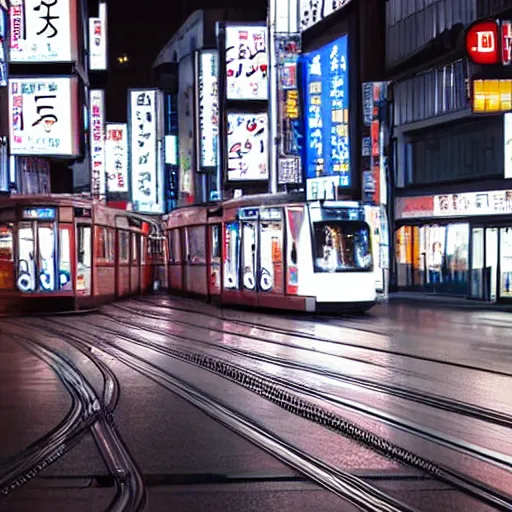 Image similar to a tram ride in tokyo at night, hyper realistic, very detailed, cinematic