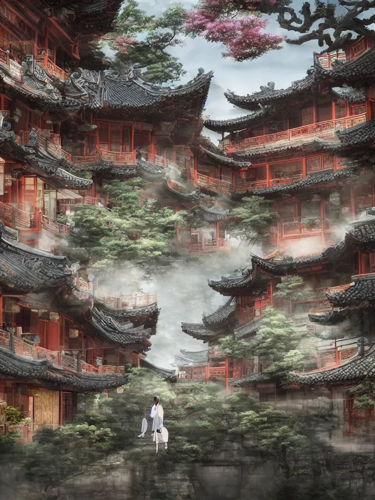 Image similar to Tea houses in ancient China are full of traffic，Epic image quality，Makoto Shinkai style