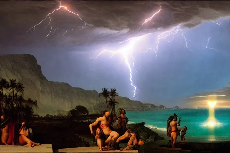 Prompt: doomsday, refracted lightnings on the ocean, thunderstorm, greek pool, beach and Tropical vegetation on the background major arcana sky and occult symbols, by paul delaroche, hyperrealistic 4k uhd, award-winning, very detailed paradise