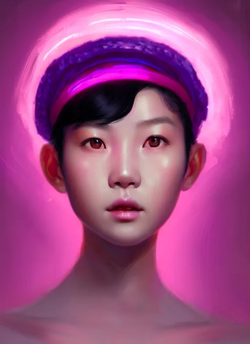 Image similar to portrait of chinese girl with bright pink hair, curly pixie cut hair, wearing a purple cap, breton cap, intricate, elegant, glowing lights, highly detailed, digital painting, artstation, concept art, smooth, sharp focus, illustration, art by wlop, mars ravelo and greg rutkowski