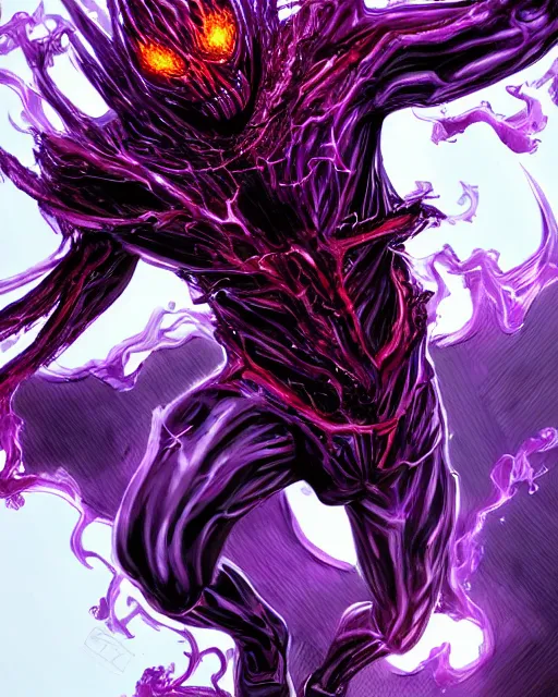 Image similar to ghost rider symbiote, purple and red variant, dynamic lighting, fantasy concept art, trending on art station, stunning visuals, creative, cinematic, ultra detailed, comic strip style