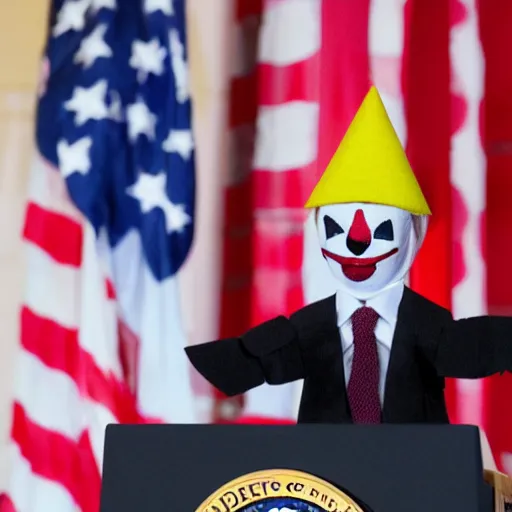 Image similar to string puppet of a president with clown makeup in a podium and a human shadow behind