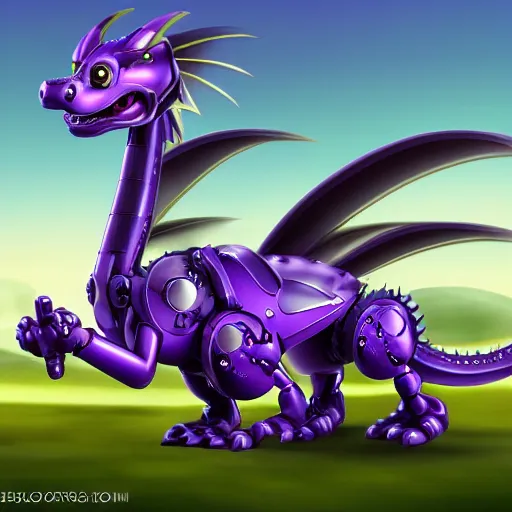 Prompt: very cute small purple robototechnic dragon with well-designed head and four legs, Disney, digital art