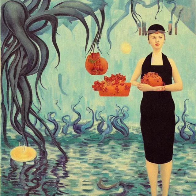 Image similar to tall female catgirl artist holding vegetables in her flooded kitchen, pomegranates, octopus, water gushing from ceiling, painting of flood waters inside an artist's apartment, a river flooding indoors, candles, ikebana, zen, rapids, waterfall, black swans, canoe, berries, acrylic on canvas, surrealist, by magritte and monet