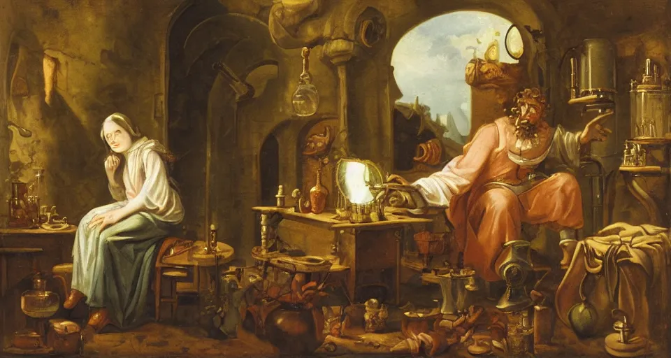 Image similar to An alchemist in his lab summoning an undine to enchant his potion, baroque