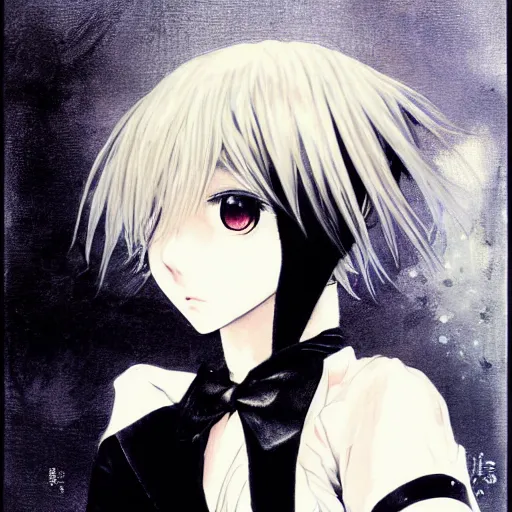 Image similar to Yoshitaka Amano realistic illustration of an anime girl with short white hair and black eyes wearing tuxedo, abstract black and white background, film grain effect, highly detailed, Renaissance oil painting