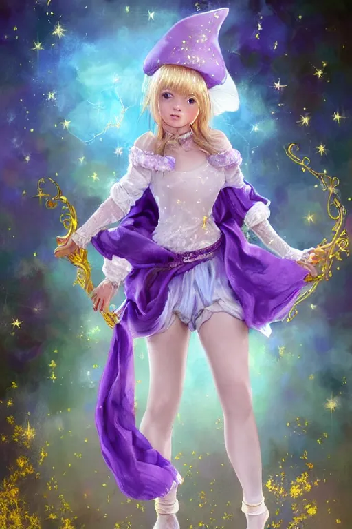 Image similar to Full View fairy maiden with short blond hair wearing an oversized purple Beret, Baggy Purple overall shorts, Short Puffy pants made of silk, silk shoes, a big billowy scarf, Golden Ribbon, and white leggings Covered in stars. covered in embroidery. Short Hair. peasant magic. Rhythmic gymnastics poses. masterpiece 4k digital illustration by Ruan Jia and Mandy Jurgens and Artgerm and william-adolphe bouguereau and greg rutkowski , award winning, Artstation, art nouveau aesthetic, Alphonse Mucha background, intricate details, realistic, panoramic view, Hyperdetailed, 8k resolution, intricate art nouveau