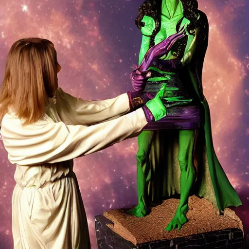 Image similar to Wax figurine of an alien priestess fighting a wax figuring of a cosmic monster