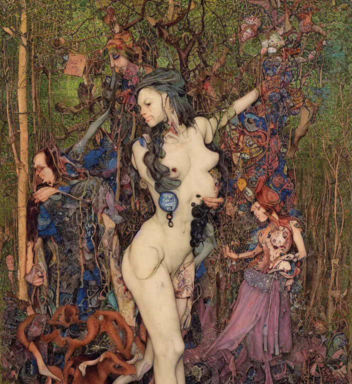 Image similar to pixelated corrupted professional pre-raphaelite defined colours 4k uncropped photo of a punk person in the cyberpunk forest with a goat and a robot by Ivan Bilibin, Austin Osman Spare, Norman Rockwell, high quality, ultra detailed. Beksinski painting, part by Adrian Ghenie and Gerhard Richter. art by Takato Yamamoto. masterpiece, oil on canvas painting, pixelart, vivid acid neon colours.