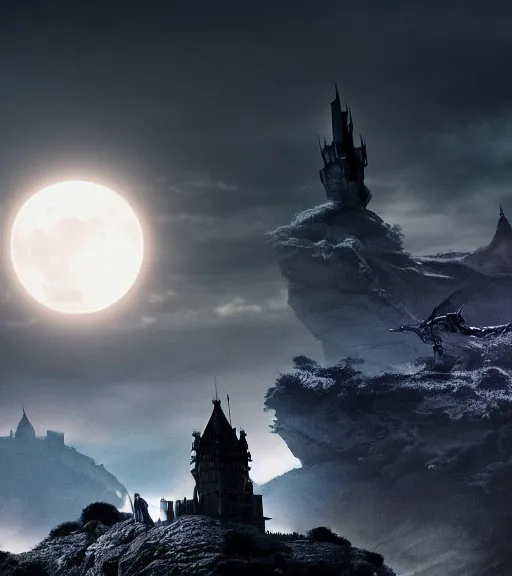 Prompt: a dragon silhouette crossing the full moon at night, with dark castle in foreground, cinematic frame by steven spielberg, game of thrones, hd