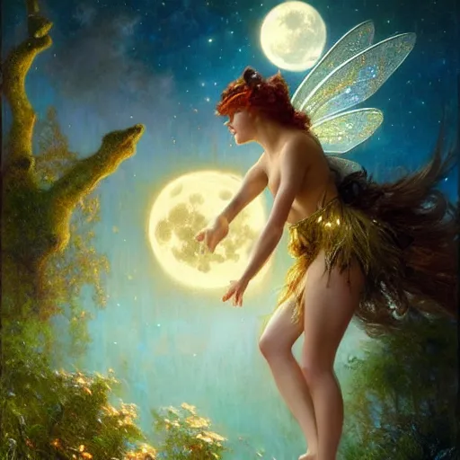 Image similar to attractive fairy magically floating high in the night, fantasy, full moon in background. highly detailed painting by gaston bussiere, craig mullins, j. c. leyendecker, mid shot, 8 k realistic, cryengine, frostbite 3 engine, sharp focus