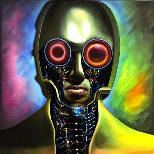 Image similar to a realistic oil painting of a black man as a cybernetic cyborg, surrealism portrait, surrealism album cover