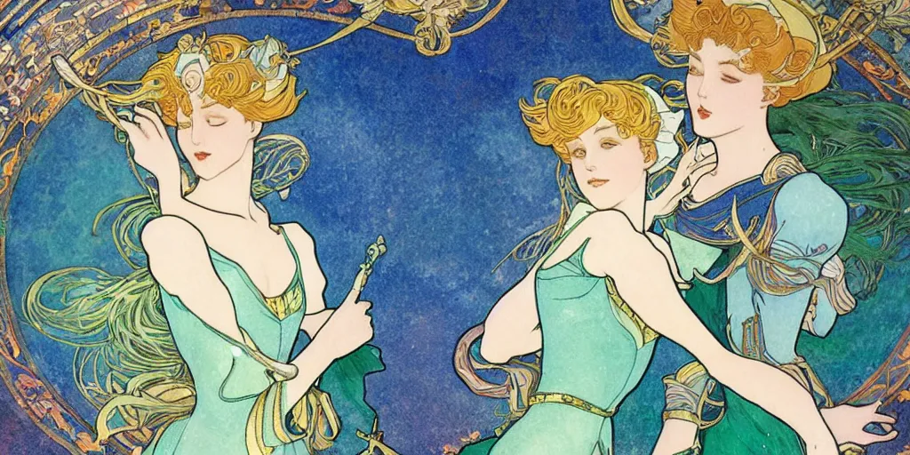 Prompt: a fresco of sailor neptune dancing with sailor uranus. beautiful, realistic painting by mucha and kuvshinov and bilibin. watercolor, thick lining, manga