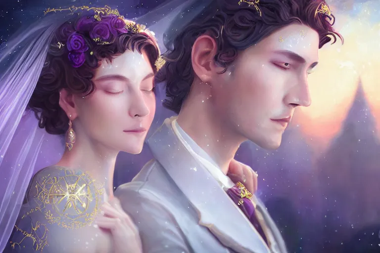 Image similar to a dreamlike cinematic portrait of wedding photograph close up moment of a divine a russian sun god and moon goddess lovers magician at a wedding banquet. portraiture. digital painting. artstation. concept art. fantasy wedding photo. digital painting, 8 k realistic, hyper detailed, violet evergarden art masterpiece by art by krenz cushart