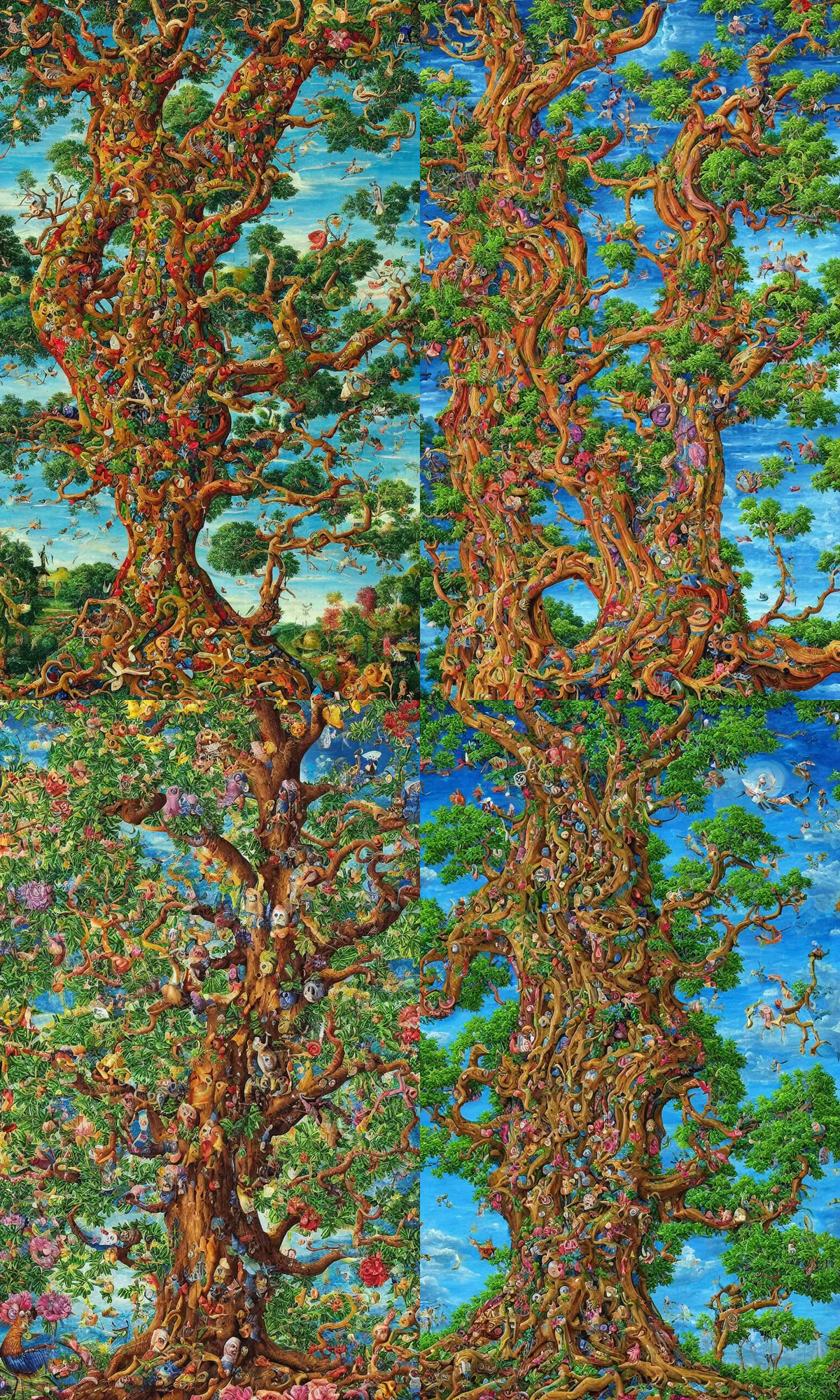 Image similar to an incredibly detailed masterpiece painting of a giant tree by bosch and lisa frank, ornate, beautiful, bold colors, detailed, high resolution, wow!, intricate