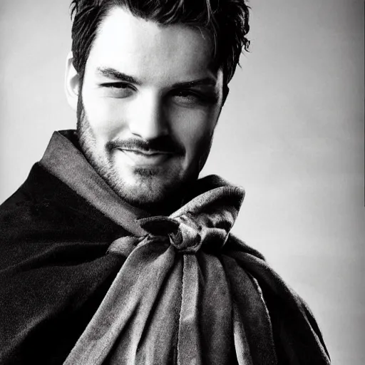 Image similar to Renly is a powerful man who is lean and lithe. He has a handsome, clean-shaven face and has an easy smile. He is tall and broad in the chest. He has fine, straight, thick hair black as jet and coal which falls to his shoulders, kept tied behind his head with a golden ribbon. He always keeps his hair clean and combed. He has laughing green eyes which match his armor.