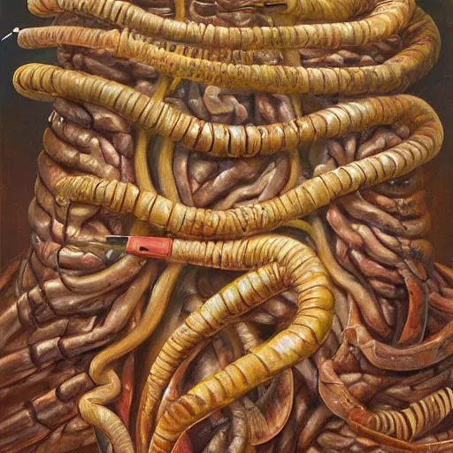 Image similar to mood, apocalyptic airbrush by martin grelle. a painting of the human intestine in all its glory. each section of the intestine is labelled, & various items & creatures can be seen inside, such as bacteria, food particles, & even a little mouse.