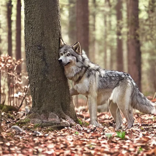 Prompt: were - creature consisting of a wolf and a human, photograph captured in a forest