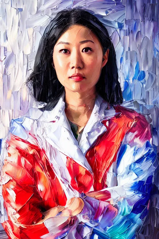 Image similar to palette knife oil painting portrait of a female asian police psychiatrist, extreme detail, artstation trending, artgerm, deviant art, octane, substance, art history 8 k