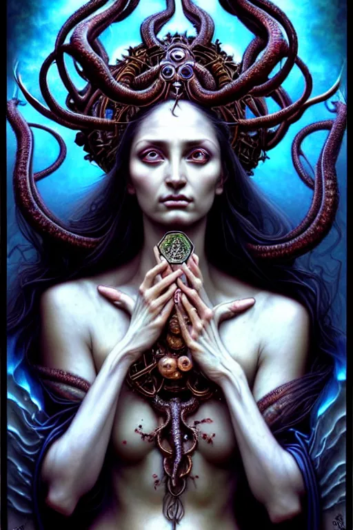 Image similar to A beautiful detailed goddess woman with 6 arms super dark tarot card, gorgeous model face by Stanley Artgerm, by tomasz alen kopera and Justin Gerard, 4 eyes, beautiful symmetrical features, ominous, magical realism, texture, intricate, ornate, royally decorated, melting, whirling smoke, embers, blue adornements, blue torn fabric, radiant colors, fantasy, trending on artstation, volumetric lighting, micro details, 3d sculpture, ray tracing, 8k, anaglyph effect