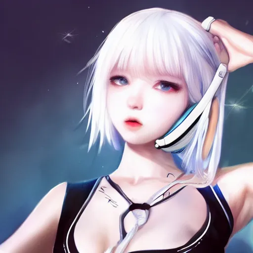 Image similar to realistic teasing detailed semirealism beautiful gorgeous cute Blackpink Lalisa Manoban white hair white cat ears blue eyes, wearing black camisole outfit, headphones, black leather choker full HD 4K high resolution quality WLOP, Aztodio, Taejune Kim, Guweiz, Pixiv, Instagram, Artstation