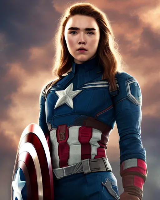 Image similar to 5 5 mm portrait photo of florence pugh as captain america. magical atmosphere. art by artgerm and greg rutkowski. highly detailed 8 k. intricate. lifelike. soft light. nikon d 8 5 0.