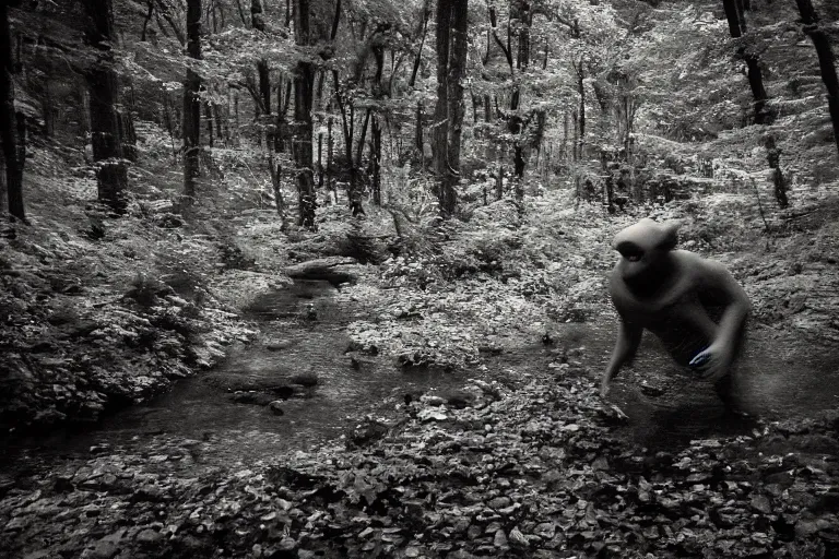 Image similar to infrared night vision trail cam of a blurry monster creeping through a creek