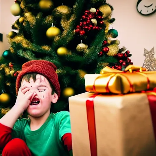 Image similar to a kid at christmas disappointed and crying looking a giant moai statue, his hands buried in his face, sitting down | inside of a house next to a christmas tree, large opened present box next to the moai