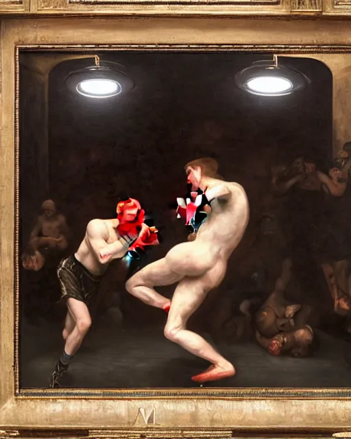 Prompt: a boxing match, by edgar maxence and caravaggio and michael whela, dramatic lighting, artistic, intricate drawing, light brazen, realistic fantasy, extremely detailed, 8 k resolution, dramatic lighting