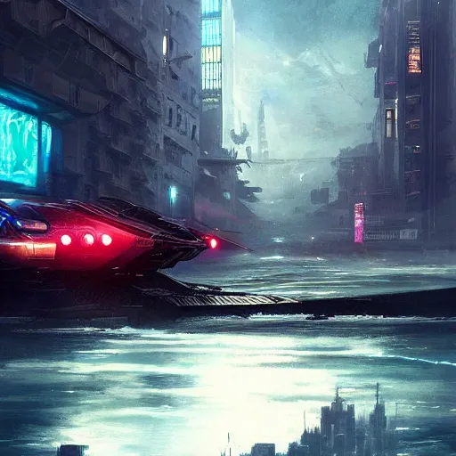 Prompt: A cyberpunk hovercraft flying trough the city, Magic the Gathering art, art by greg rutkowski, matte painting, trending on artstation, very detailed