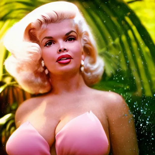 Prompt: a very beautiful sundance award winning image of jayne mansfield under a tropical waterfall, full body, pale pink bikini, pink lipstick, detailed face, cinematic lightning, golden hour, medium shot, softblur, filmgrain, cryengine, raytracing, by gil elvgren, robert maguire, rudolf belarski