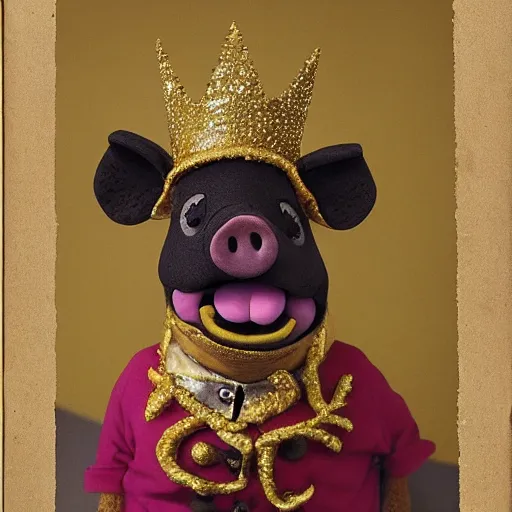 Image similar to studio photograph of a happy pig wearing a gold crown depicted as a muppet, jumping, full body