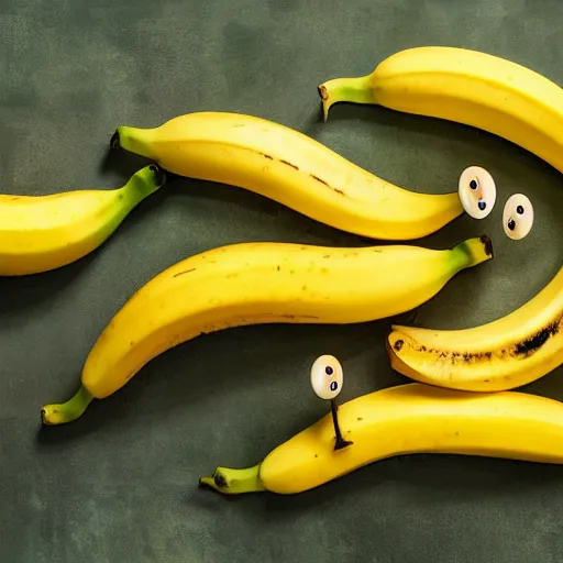 Image similar to professional photograph of banana ducks, peeled bananas with googly eyes and duck beaks