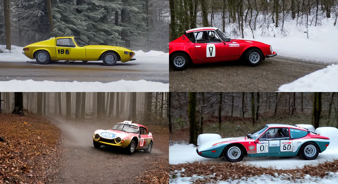 Prompt: a 1 9 7 2 lotus elan sprint, racing through a rally stage in a snowy forest
