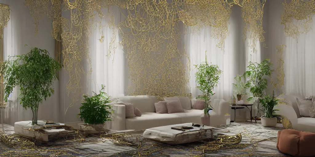 Prompt: a modern indoor room fully made from a hiper detailed thin golden tendrils, fractal ornaments, clean architecture, pastel colored, baroque, a couch, a couch table, some fresh plants, intricate detailed 3 d render, elegant, intense colors, wide shot, octane render, photorealistic, daylight, peaceful, 8 k