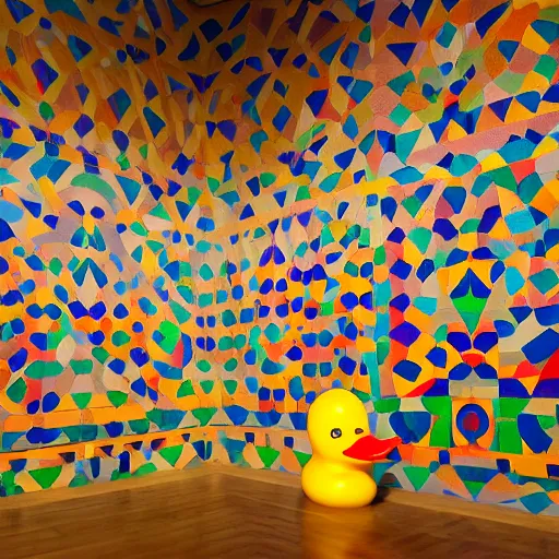 Image similar to wide shot, one! photorealistic rubber duck in foreground on a pedestal in an cavernous museum, the walls are covered floor to ceiling with colorful geometric tessellated wall paintings in the style of sol lewitt, tall arched stone doorways, through the doorways are more mural paintings in the style of sol lewitt.