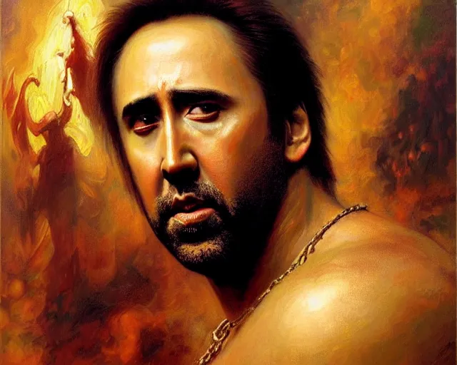 Prompt: attractive nicolas cage as a god. highly detailed painting by gaston bussiere, craig mullins, j. c. leyendecker 8 k